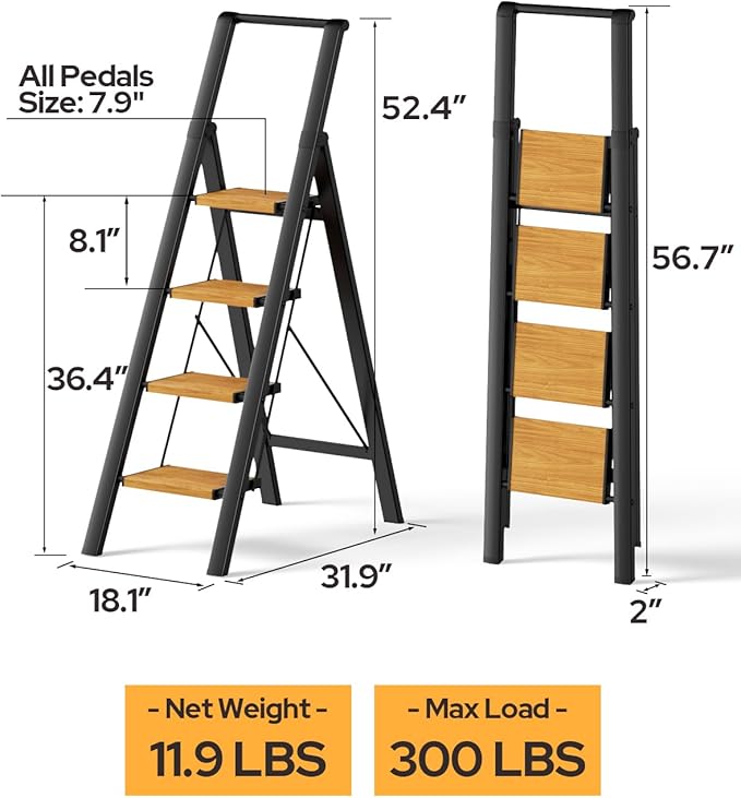 4 Step Ladder, Lightweight Aluminum Folding Step Stool with Convenient Handgrip, Stepladders with Anti-Slip and Wide Pedal for Home Use Space Saving - Black+Woodgrain