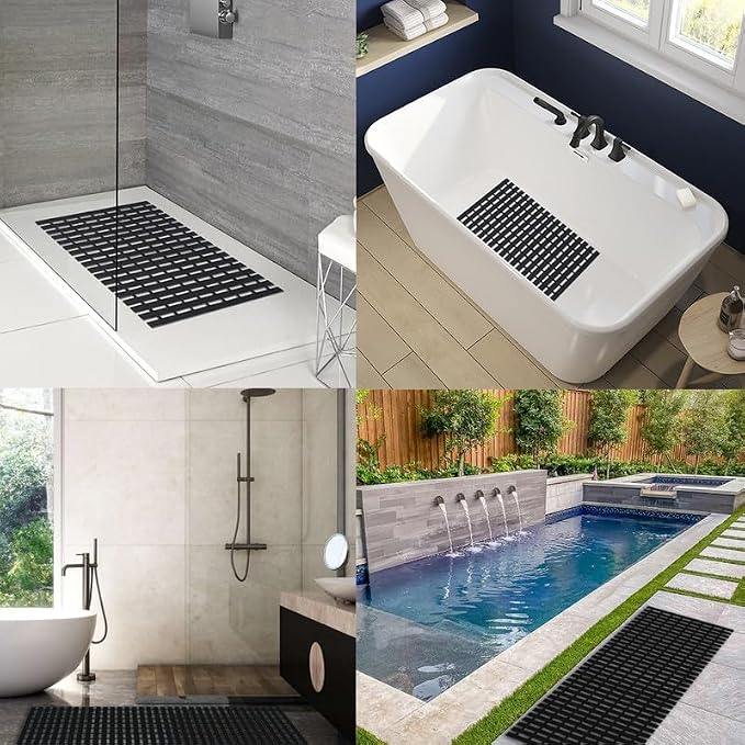 Bath Mat Non Slip Shower Mat Bathtub with Drain Holes and Heavy Duty Rubber No Suction Cups Sturdy Shower Stall Tub Mat for Bathroom, Shower Floor, Pool, SPA, (Black, 2FT X 38FT)