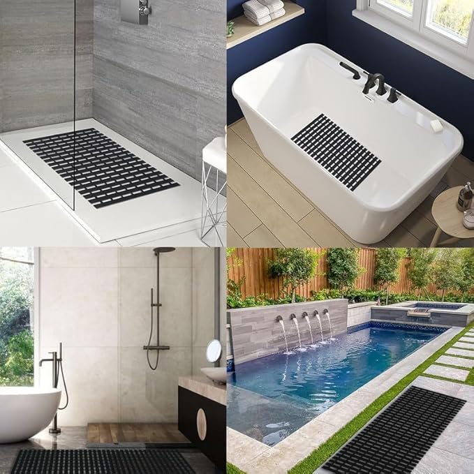 Bath Mat Non Slip Shower Mat Bathtub with Drain Holes and Heavy Duty Rubber No Suction Cups Sturdy Shower Stall Tub Mat for Bathroom, Shower Floor, Pool, SPA, (Black, 2FT X 43FT)