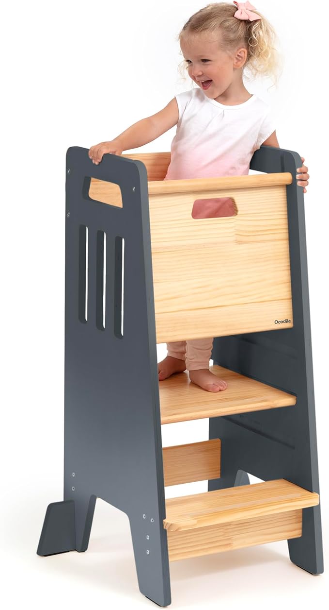 OCODILE Toddler Tower with a Sliding Door and 3 Adjustable Heights - Safe Toddler Kitchen Step Helper with Support Feet - Updated Design for 18+ Months to 6-Year-Old Kids - Gray