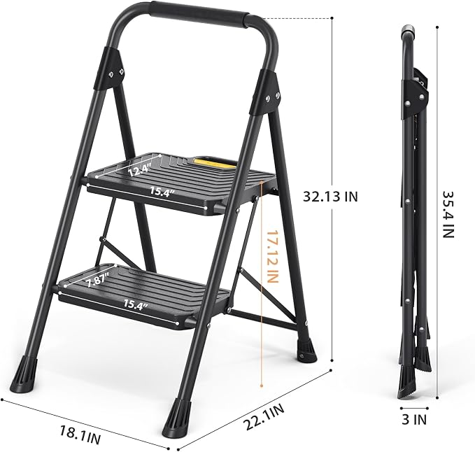 TOOLF 2 Step Ladder, Sturdy Steel Step Stool with Anti-Slip Wide Pedals, Handrail, Safe-Lock Design, Folding Portable Ladder for Multi-Purpose, Home, Kitchen, Pass 800lbs Load Testing, Black