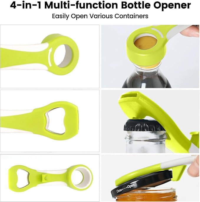 Multifunctional Bottle Opener 4-in-1 Grip Tool Easy Twist Cap Jar for Soda Bottles Canning Lids Can Tabs Arthritis Relief Kitchen Gadget Effortless Opening(White Green)