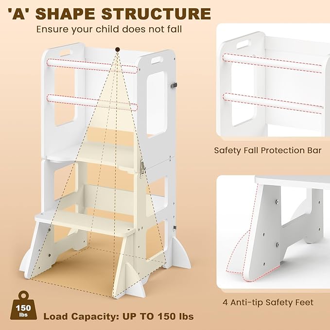 Woodure 4-in-1 Toddler Kitchen Step Stool, Learning Standing Tower with Whiteboard, Wooden Kitchen Stool Helper for Kids, 1-3 Year Old Boy Girl Gifts-White