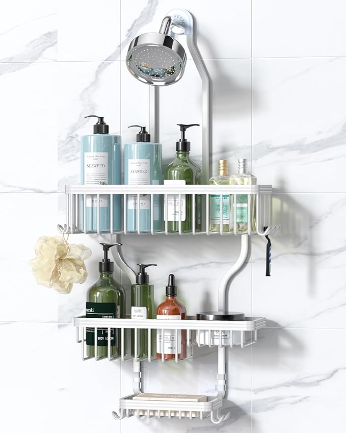 YASONIC Never Rust Shower Caddy Hanging, Aluminum Shower Racks for Inside Shower, 3-Tier Shower Organizer Hanging Over Shower Head with Hooks and Soap Holder, White