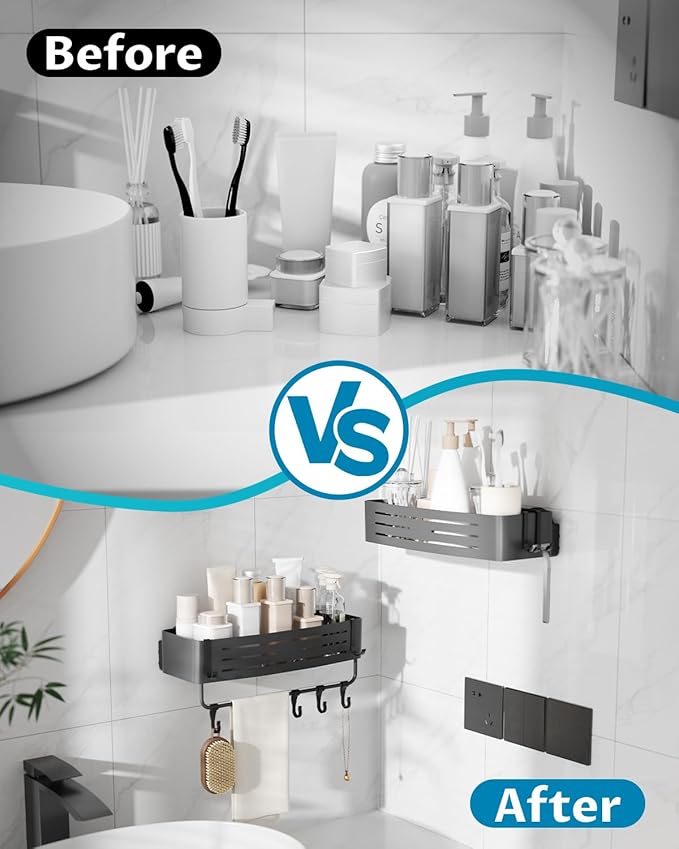 Onemake Shower Caddies Suction Cup, 2-Pack Removable Bathroom Shelf, Shower Organizer with Portable Hooks, Shower Caddy Corner Waterproof Holder with Towel Bar, Gray