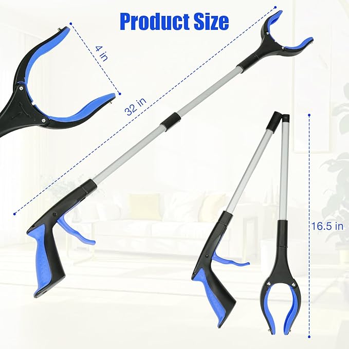 2-Pack Grabber Reacher Tool, 32" Foldable Reacher Grabber Pickup Tool with 90° Rotating Anti-Slip Jaw, Trash Picker Upper Grabber, Hand Grabber for Reaching, Grabbers for Seniors (Blue)