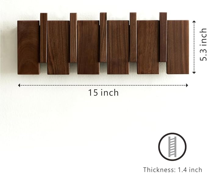 Wood Coat Rack Wall Mount - Large Walnut Piano Coat Rack wtih 5 Hooks for Hanging Clothes,Keys,Robes,Purse,Towels,Modern Decorative Wall hooks Heavy Duty Hanger Organizer for Bathroom/Bedroom/Entryway