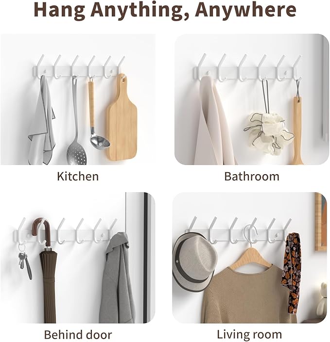 GWAAZXGZ Coat Rack Wall Mount Hooks - 15 Inch Matte White Metal 6-Hook Organizer Wall Mounted, Modern Kids Room, Entryway & Bathroom Hanger for Beach Towels, Coats, Purses, Bags (1 Pack)