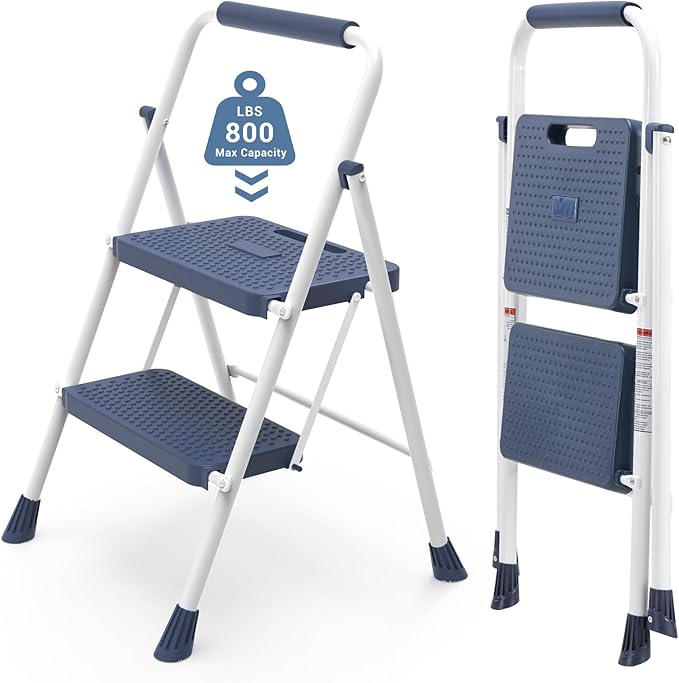DUMOS Step Ladder, 2 Sturdy Step Stool with Anti-Slip Pedal & Comfortable Handrail, Portable Heavy Duty Step Stool for Kitchen, Garage & Outdoor Use, 800lbs, Calm Blue