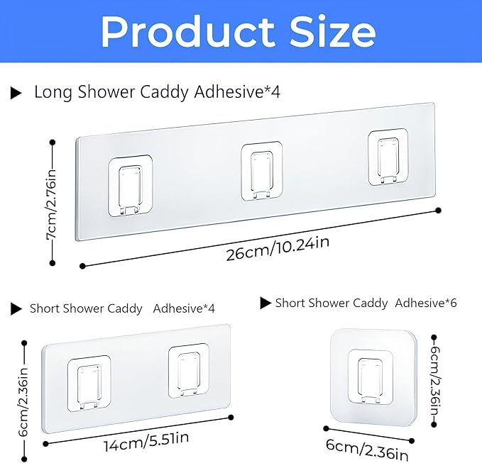 14 Pack Shower Caddy Adhesive Replacement Flat Strips, Heavy Duty Transparent Waterproof Hooks for Bathroom Storage Shelves, No-Drilling Sticky Wall Mount Hooks for Kitchen Organizers