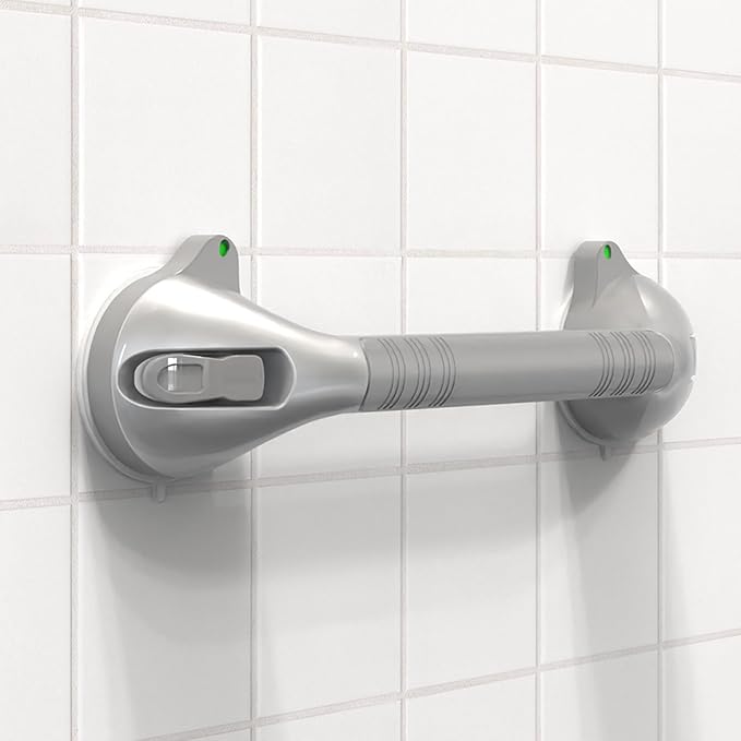 17“ Suction Shower Grab Bar with Indicators, Tool-Free Installation, Steady Handle for Balance Assist for Bathtub, Toilet, Bathroom, Dual Tone, Silver/Gray 2-Pack
