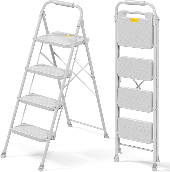 KINGRACK 4 Step Ladder, Folding Step Stool with Safety Lock & Sturdy Anti-Slip Pedals, Pass 800lbs Load Testing, Lightweight, Portable Steel Ladder with Handrails for Home, Kitchen, Garage, Office