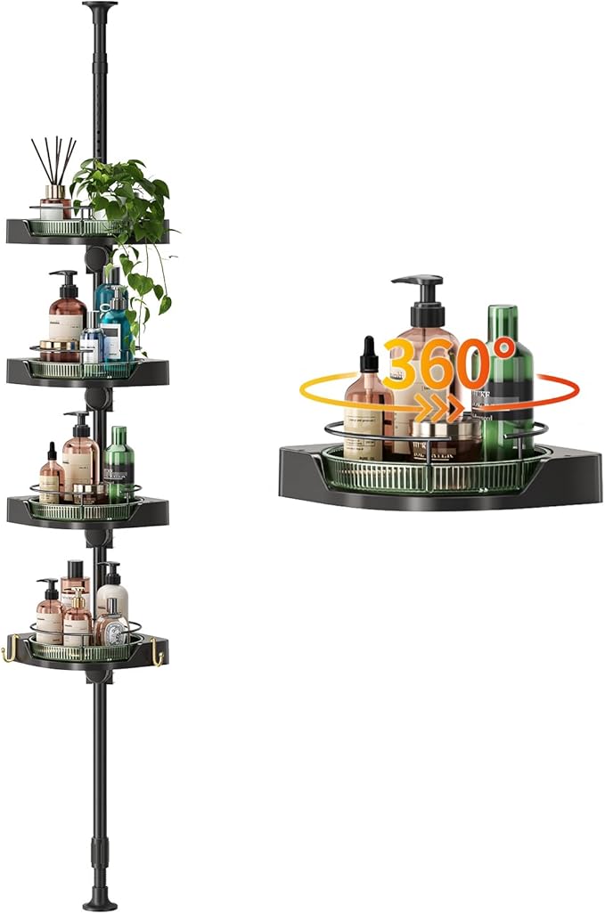 AKINBAS 360° Rotating Shower Caddy Tension Pole with 4-Tier Rustproof Lazy Susan 35-128 Inch No Drilling Coner Shelves Adjustable Shower Rack for Bathroom Bathtub Washbasin Plant Storage (Black+Green)