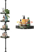 AKINBAS 360° Rotating Shower Caddy Tension Pole with 4-Tier Rustproof Lazy Susan 35-128 Inch No Drilling Coner Shelves Adjustable Shower Rack for Bathroom Bathtub Washbasin Plant Storage (Black+Green)