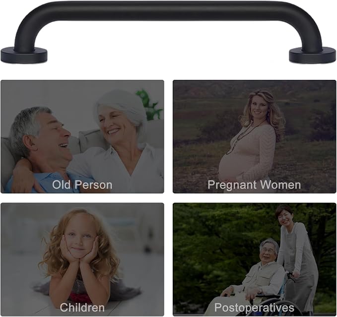 supregear Grab Bars for Wall, Bathroom Shower Handle for Seniors, 1 Inch Diameter 201 Stainless Steel Safety Hand Rail, Wall Mounted Toilet Bathtub Support, Black Finish, 16 Inch