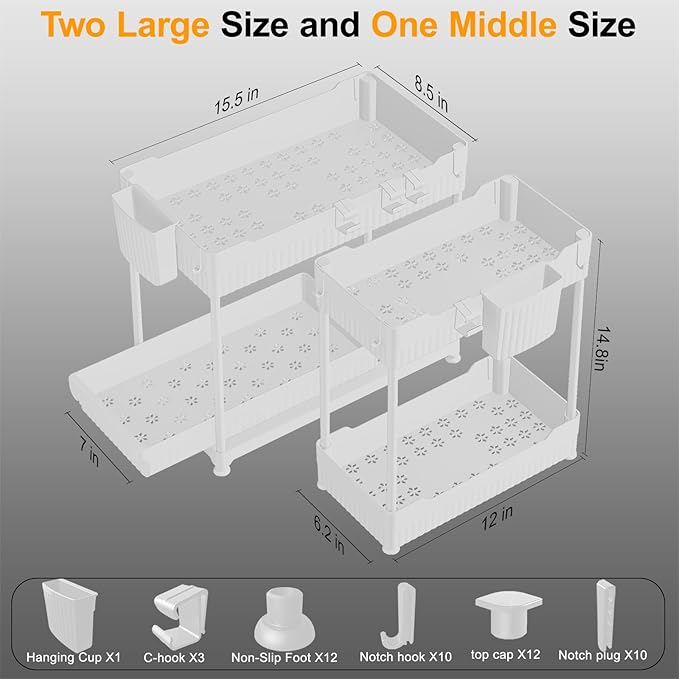 Sevenblue 3 Pack Under Sink Organizers, 2-Tier Multi-Use Kitchen and Bathroom Organizers and Storage with Sliding Drawers, Bathroom Cabinet Organizer (White, 14.8 Inch)
