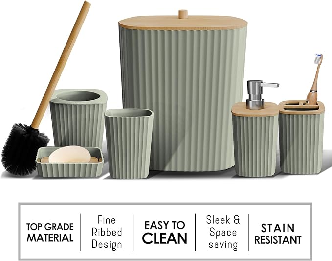 Clara Clark Bathroom Set - Sage Green Bathroom Accessories Set, 6PC Bathroom Accessory Set, Bathroom Sets with Toilet Brush, Trash Can & Soap Dispenser