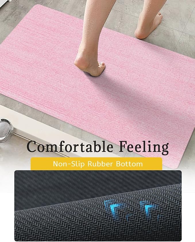 Mecko Bath Mat Rug, Ultra Thin Bathroom Rug -Rubber Non-Slip Quick Dry Absorbent Bath Mat Fit Under Door, Faux Suede Surface Bathroom Floor Mats for Bath, Shower, or Sink (Pink,16"x24")