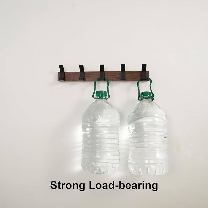 Coat Rack Wall Mount - 16.9 Inches Coat Rack Wall Mount with 5 Hooks Walnut Wood Coat Hooks Wall Mounted Rustproof Coat Hanger Black Aluminum Wall Hooks for Hanging Coat Hat Backpack Key
