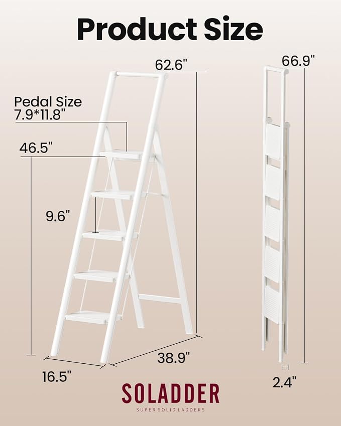 SOLADDER 5 Step Ladder, Folding Step Stool, White Foldable Iron Ladder for 10 Foot High Ceiling with Anti-Slip Wide Sturdy Pedal and Handgrip, Multi-Use for Home (300 lbs Capacity)