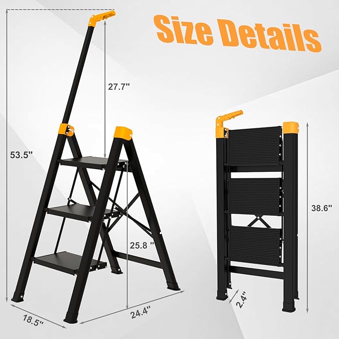 3 Step Ladder with Single-Handrail, Aluminum Step Stool Foldable, Lightweight Sturdy Step Ladder with Anti-Slip Pedals,Convenient Handrail for Home Kitchen Closet, 600lbs Max Load Capacity (Yellow)