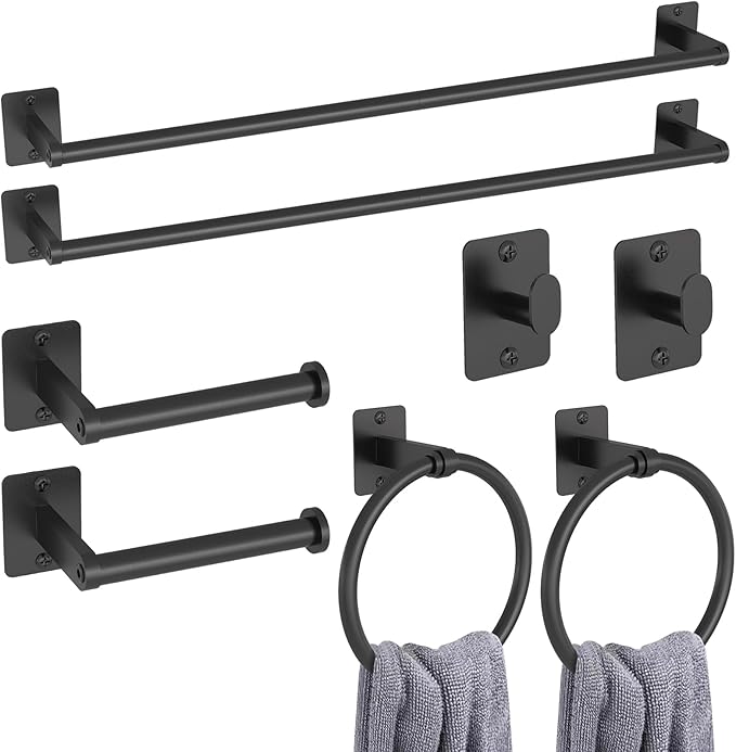 KLJKPA 8 Pieces Bathroom Hardware Set, 24 inch Towel Bar, Matte Black Bathroom Accessories Set, Towel Racks for Bathroom, Robe Towel Hooks, Toilet Paper Holder Wall Mounted