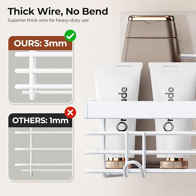 Orimade Adhesive Shower Caddy Soap Dish Holder Shelf with 5 Hooks Bathroom Organizer Basket Kitchen Storage Rack Wall Mounted No Drilling Stainless Steel - 3 Pack, White