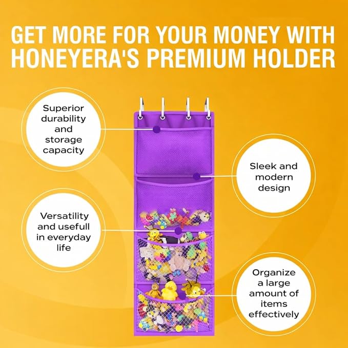 Honeyera Plush Storage (Patent Pending) - Plush Hammock Net Over Door Organizer for Stuffies, Baby Accessories, Toy/Hammock Hanging Storage Big Girls Toddler Large Bag Animals (Purple)