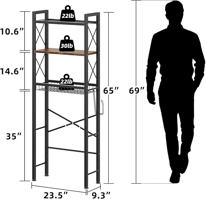 Kalrin Over The Toilet Storage with X Shape Side Guardrail, 3-Tier Over Toilet Storage Rack with Drain Basket, Freestanding Bathroom Organizer for Balcony Laundry, Vintage Brown