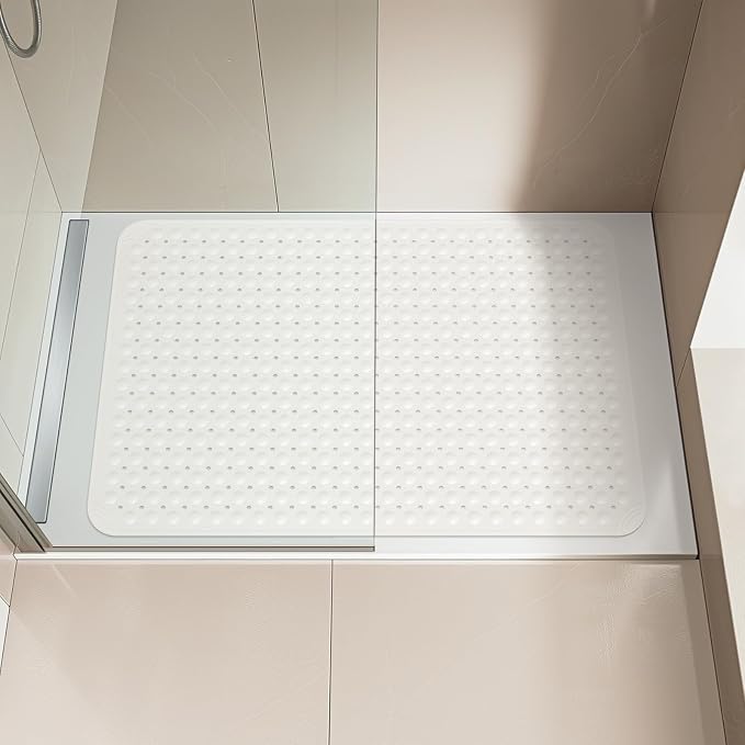 OTHWAY Extra Large Shower Mat 47"x 32", TPE Non Slip Shower Mat for Shower Stall, Inside Walk in Shower Mats with Drain Holes Suction Cups, Anti-Slip for Elderly Kids (White)