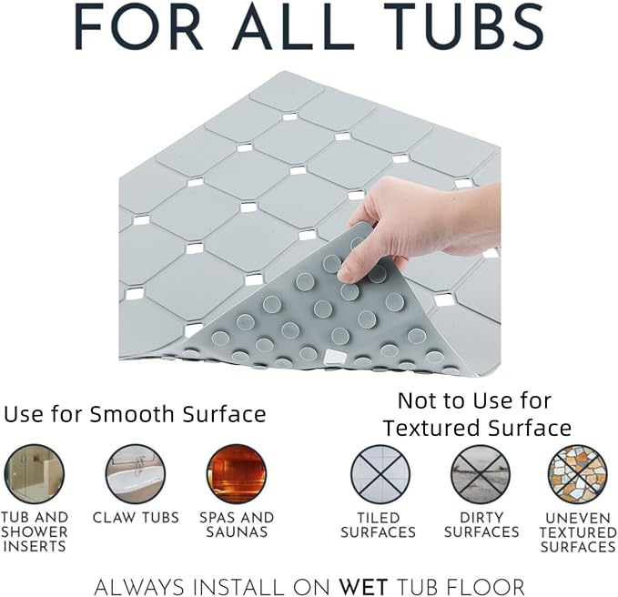 Shower Mat Non Slip 21"x21" Silicone Foldable Bath Mat with Suction Cups & Drain Holes, Odorless, Eco-Friendly & Durable, Machine Washable Shower Stall Mat for Adults, Seniors Grey