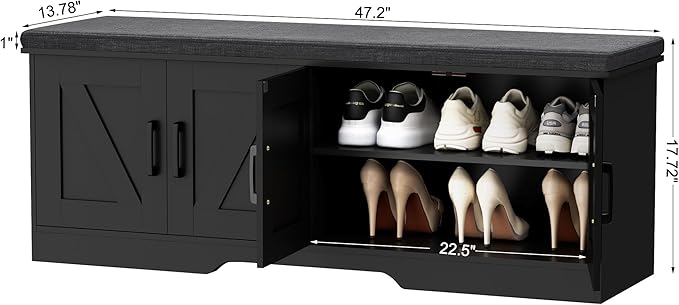HOMSHO 2-Tier Storage Bench, 47.2" Wide Shoe Bench with Padded Seat Cushion, Entryway Bench with 4 Barn Doors and Adjustable Shelf, Black