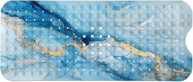 LNOND Marble Bath Tub Mat Non Slip, Extra Long 40 X 16 Inch Anti Slip Mat for Bathtub, Blue Gold Marble Shower Mat with Drain Holes and Suction Cups, Machine Washable