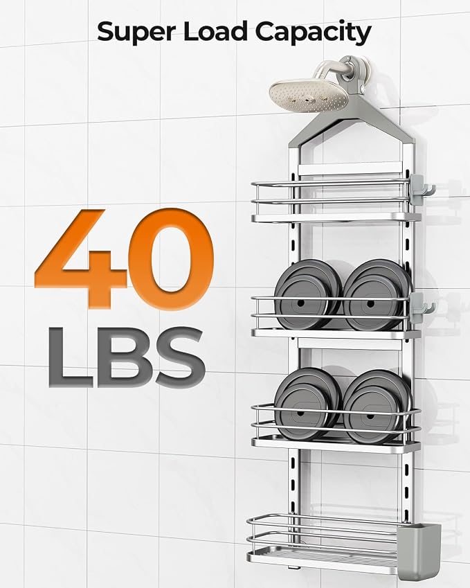 ODesign 4 Tier Height-Adjustable Shower Caddy Hanging Anti-Swing-Over The Shower Head Caddy- Storage Organizer Bathroom Shelves Basket Caddies-Silver