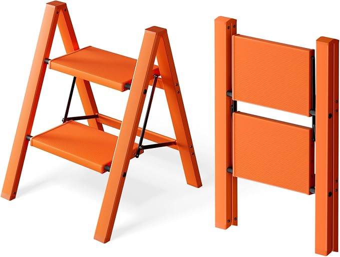 HillhutApex 2 Step Ladder, Lightweight Portable 2 Step Stool with Anti-Slip Wide Pedal, 330lbs Capacity Aluminum Ladder for Household,Office,Library(Orange)