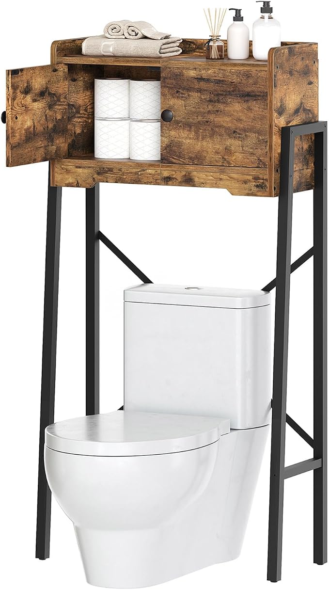 YATINEY Over The Toilet Storage Cabinet, Freestanding Above The Toilet Storage Cabinet, Over The Toilet Storage Rack with X-Shaped Back Support, for Bathroom, Laundry, Rustic Brown and Black TR04BR