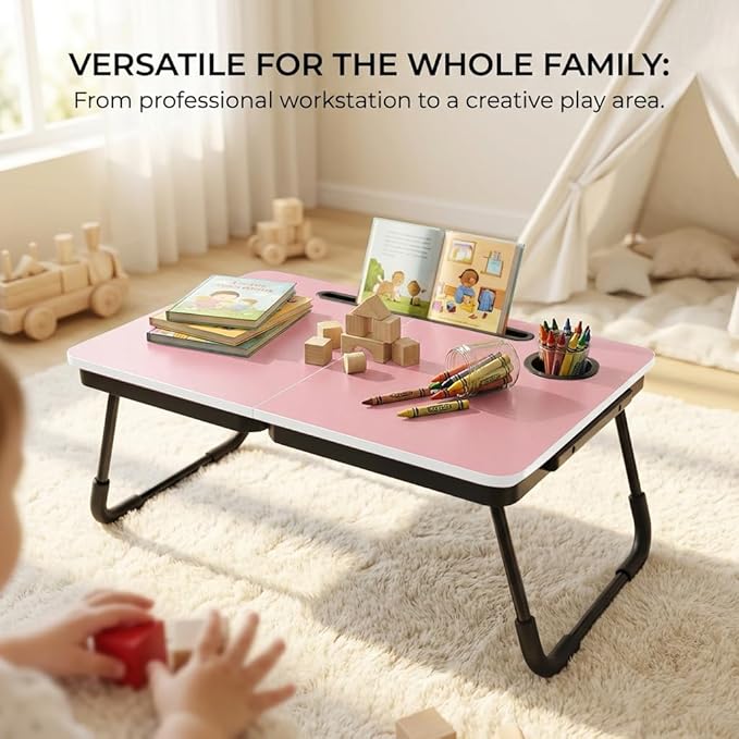 BUYIFY Foldable Laptop Bed Desk for Couch, Sofa - Large Lap Desk Tray Table with Cup Holder and Tablet Slot - Portable Notebook Stand for Eating, Writing, Studying and WFH (Pink)-USA Original Patent