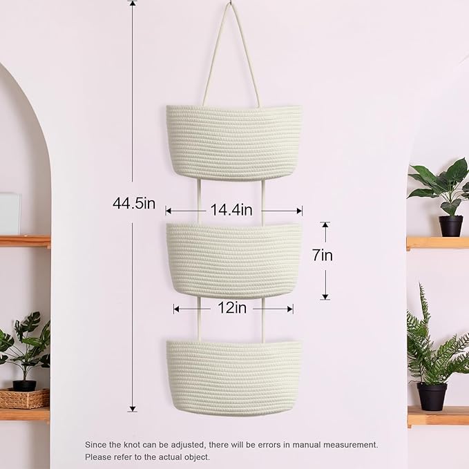 TeoKJ Over the Door Hanging Basket, 3-Tier Woven Cotton Wall-Mounted Storage Organizer Bag Decorative Hanging Nursery Baskets, White