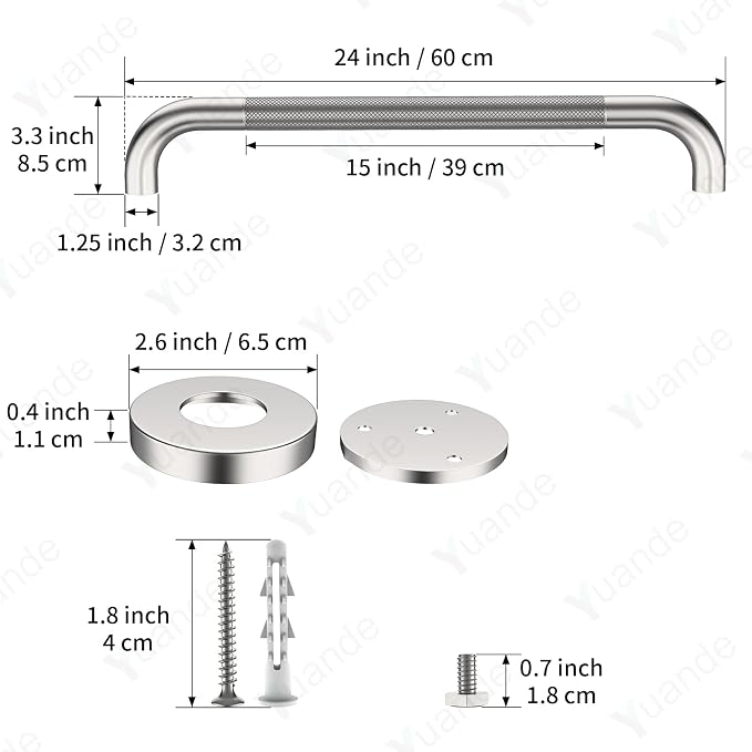 24 Inch Anti Slip Shower Grab Bar, YuanDe Brushed Nickel Stainless Steel Bath Grab Bar, Knurled Bathroom Safety Rail, Shower Handrail Support, Handicap Elderly Balance Assist Handles-1.25" Diameter