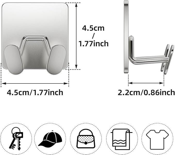 susswiff Shower Hooks for Inside Shower - Extra Sticky Stainless, Razor Holder Accessories, Wall Mounted Self-Adhesive Double Hooks for Razor, Loofah, Towel, Shaver, Coat, Key, Silver 6 Pack