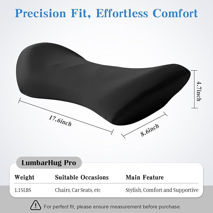 Lumbar Support Pillow for Office Chair and Car - Ergonomic Memory Foam Back Support Cushion for Automotive Seat, Desk Chair, and Recliner (Black)