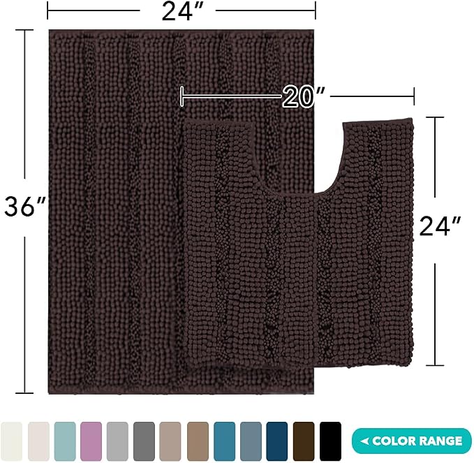 Turquoize Chenille Bathroom Rugs Set Non-Slip Bath Mats for Bathroom Super Absorbent Shaggy Rugs for Tub Shower Toilet Bath Rug Plus U Contour Rug (Oversized: 24" x 36" and 20" x 24" U), Chocolate