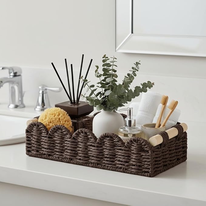 CubesLand Toilet Paper Storage Basket Organizer, Small Wicker Toilet Tank Top Decorative Baskets for Countertop, Handwoven Scalloped Basket w/handle for Home Decor, Living Room, Bedroom, Brown