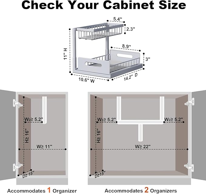 REALINN Under Sink Organizer, Pull Out Cabinet Organizer 2 Tier Slide Out Sink Shelf Cabinet Storage Shelves, Storage for Kitchen Bathroom, Grey, 1 Pack