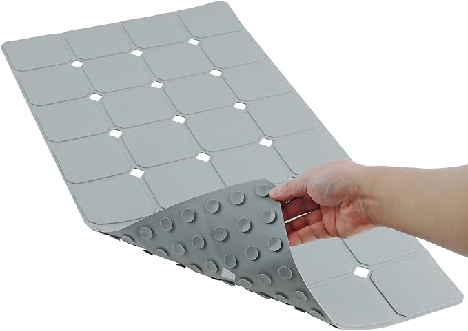 Bathtub Mat Non Slip 15" x 28" Silicone Foldable Tub Mat with Strong Suction Cups & Large Drain Holes, Durable & Eco-Friendly, for Smooth Surfaces, Ideal for Seniors, Adults Grey