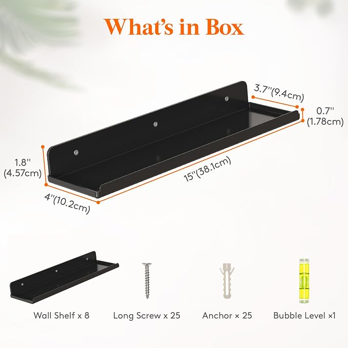 Lifewit Floating Shelves for Wall, Acrylic Display Shelf Wall Mounted for Figure, Car, Art, Book, 14" Perfume Organizer for Bathroom, Bedroom, Living Room, Nursery, Home Decor, Black, 8 Pack