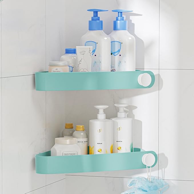 Sotfamily Plastic Shower Caddy Corner (for 90° Only), 2 Pack Adhesive Corner Shower Shelves for Bathroom Organizers and Storage, Turquoise