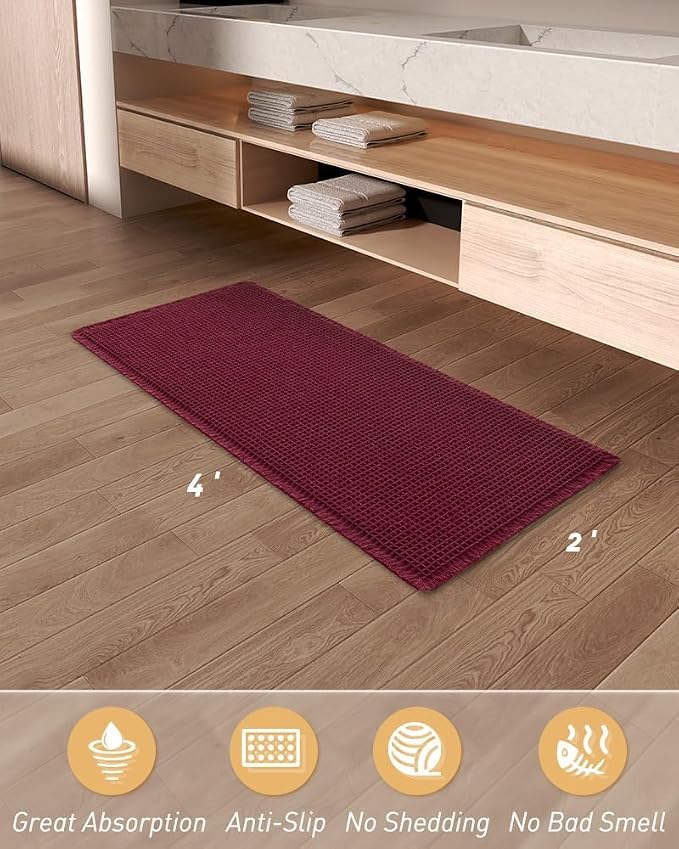 AMOAMI Upgraded Waffle Runner Rug Super Absorbent Non Slip Bath Mats for Bathroom Floor Washable Bathroom Runner Rug with Tassels, Ideal for Hallway Bedroom Laundry Room, Burgundy, 2' x 4'(24" x 48")