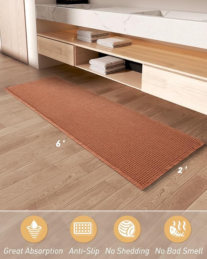 Upgraded Waffle Runner Rug Super Absorbent Non Slip Bath Mats for Bathroom Machine Washable Bathroom Runner Rug with Tassels, Ideal for Hallway Bedroom Laundry Room, Dirty Orange, 2'x 6'(24" x 72")