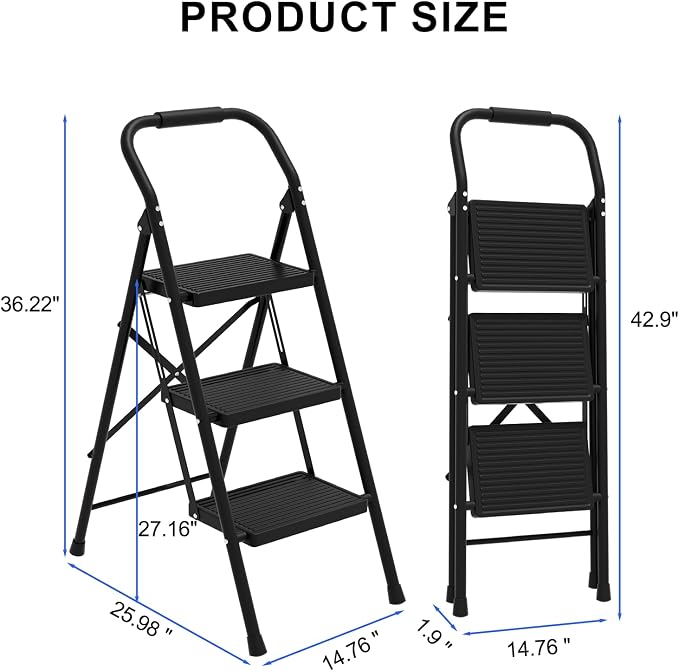 3 Step Ladder Folding 330lbs Anti Slip，Foldable Ergonomic with Wide Pedal for Home, Kitchen, OfficeMatte Black